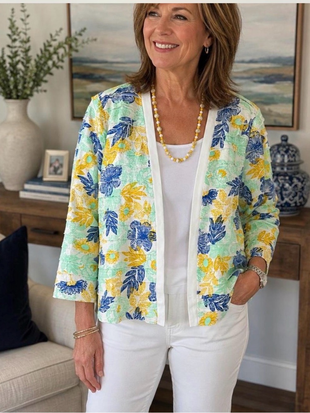 Floral Quilted Open Jacket in Blue, Yellow & Mint with necklace
